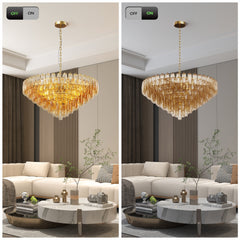 37" Extra Large Chandelier, 14-Light Gold Modern Round Chandelier for Living Room, Tiered Smoke Blown Glass Brass Chandeliers, Hanging Light Fixture for Bedroom, Dining Room, Foyer, Entryway