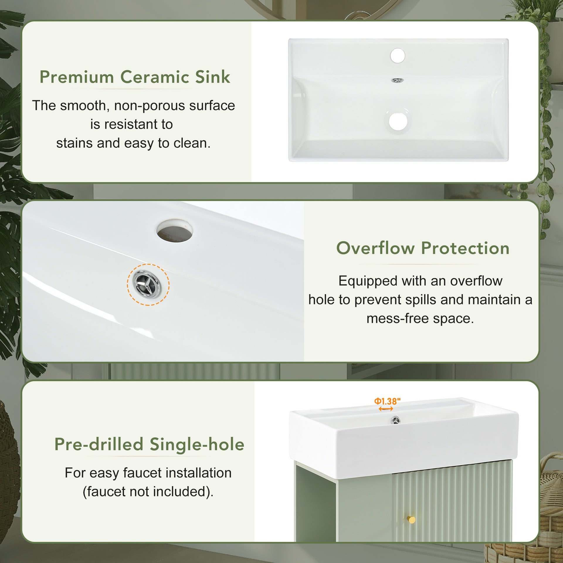 21.6 inch Modern Floating Bathroom Vanity with Ceramic Basin - Perfect for Small Bathrooms, Left side storage