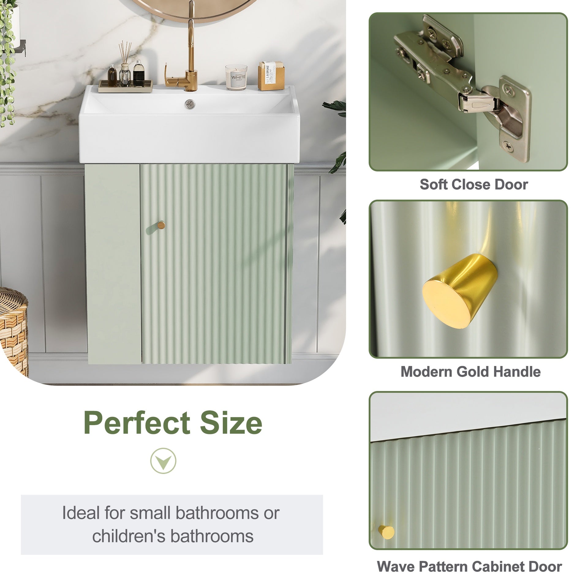 21.6 inch Modern Floating Bathroom Vanity with Ceramic Basin - Perfect for Small Bathrooms, Left side storage