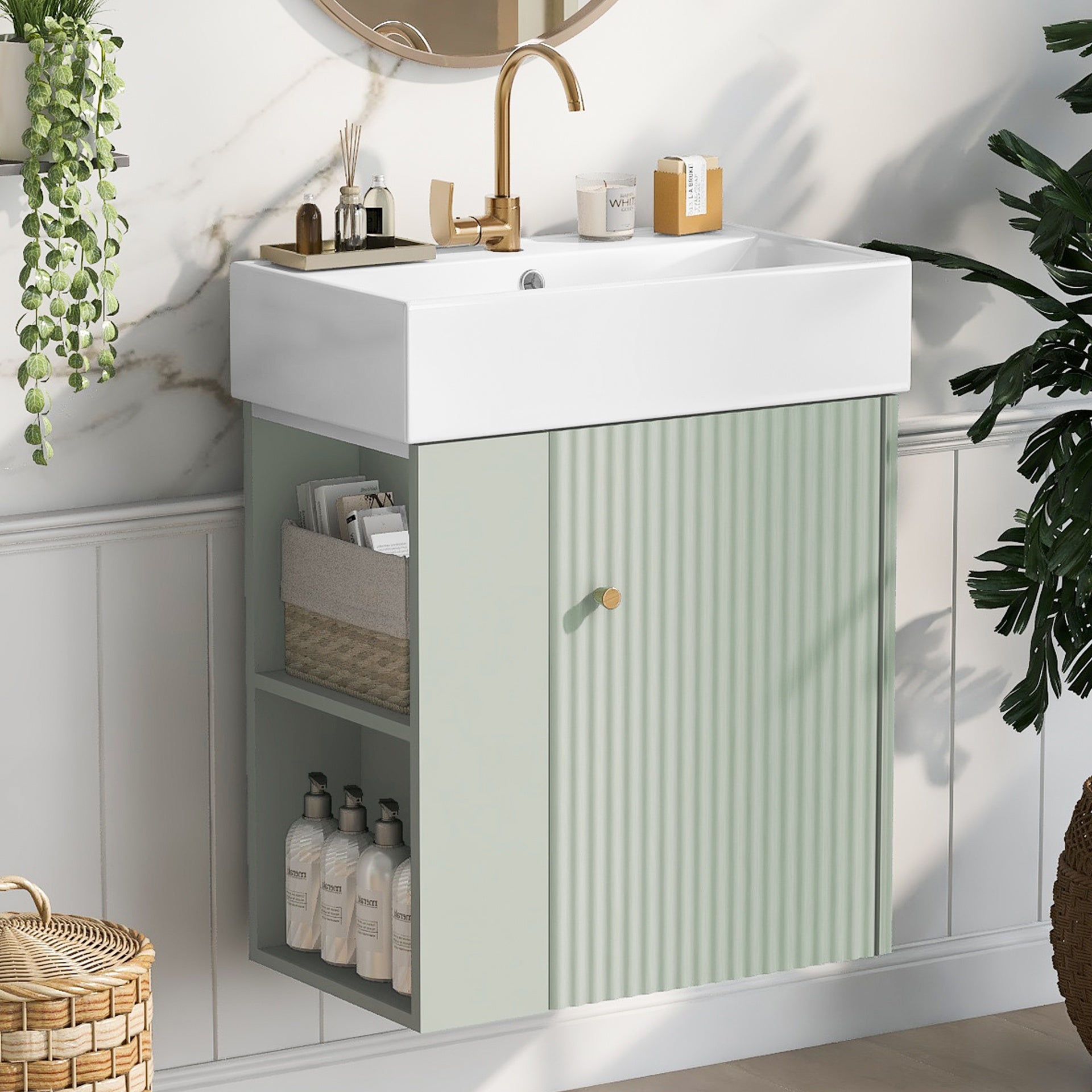21.6 inch Modern Floating Bathroom Vanity with Ceramic Basin - Perfect for Small Bathrooms, Left side storage