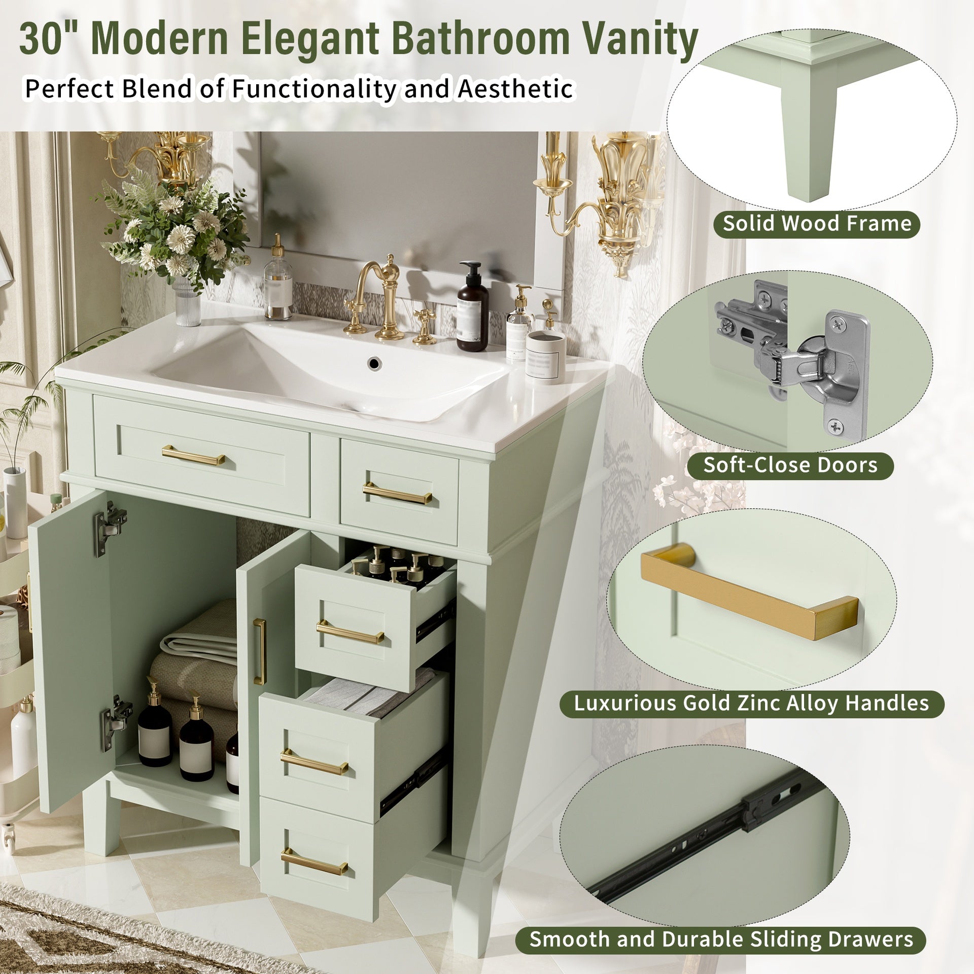 30" Bathroom Vanity with Ceramic Sink, Modern Storage Cabinet with Soft-Close Doors, Deep Drawer & Standard Drawer, Stylish Bath Vanity for Small Bathrooms