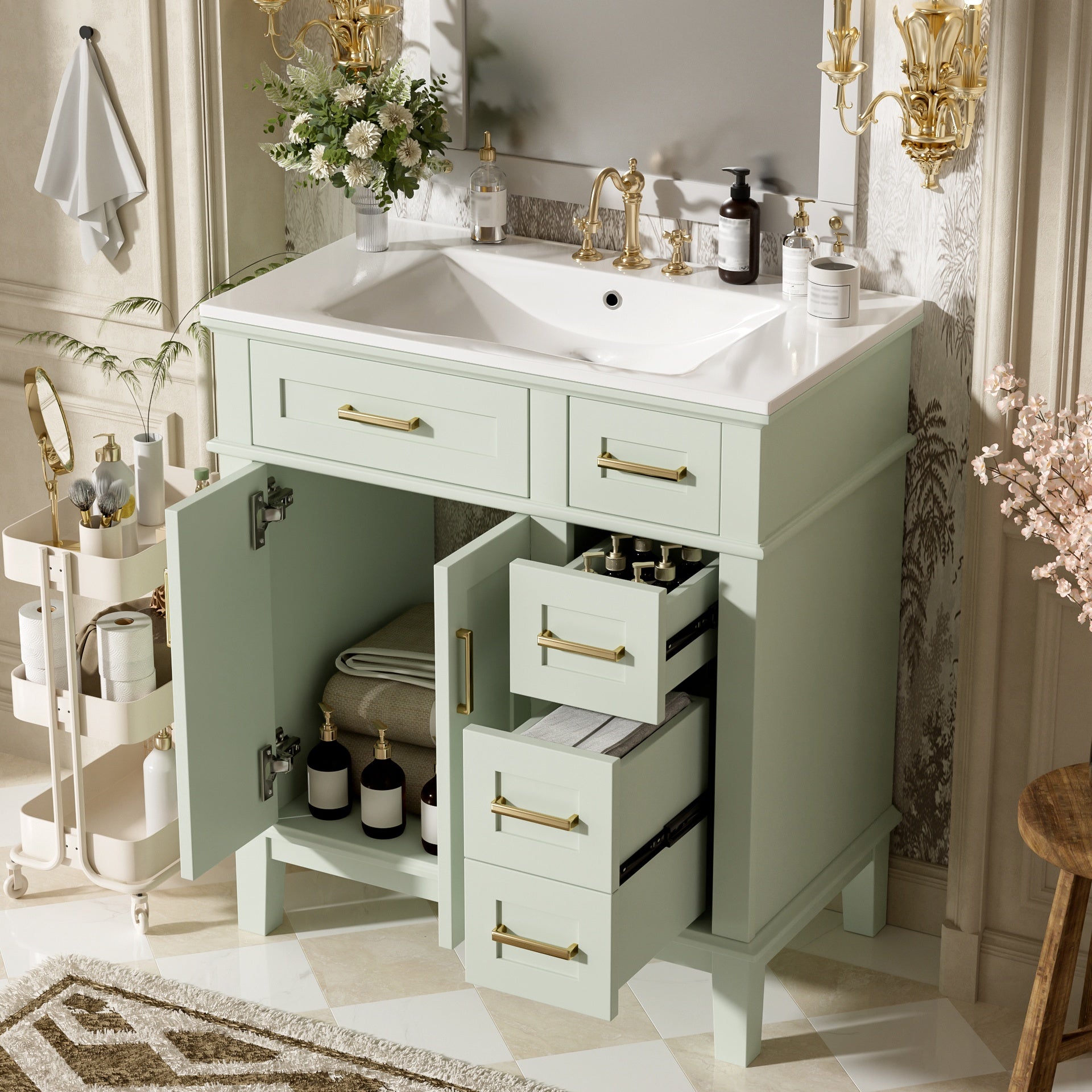 30" Bathroom Vanity with Ceramic Sink, Modern Storage Cabinet with Soft-Close Doors, Deep Drawer & Standard Drawer, Stylish Bath Vanity for Small Bathrooms
