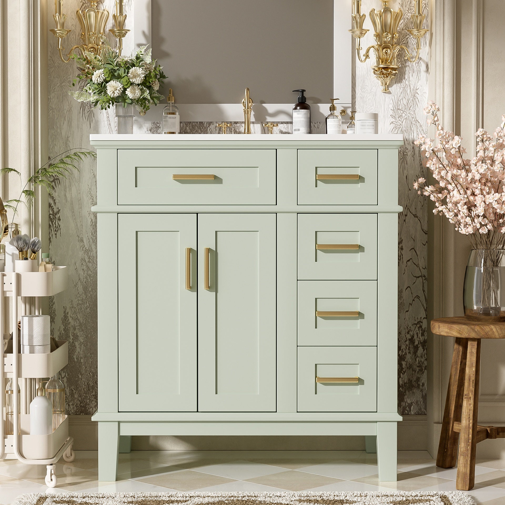 30" Bathroom Vanity with Ceramic Sink, Modern Storage Cabinet with Soft-Close Doors, Deep Drawer & Standard Drawer, Stylish Bath Vanity for Small Bathrooms