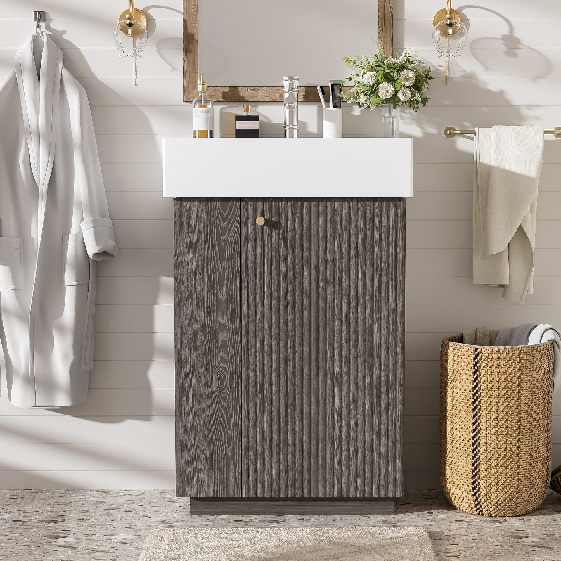 21.6" bathroom vanity with ceramic sink, freestanding modern right door wood grain cabinet with open and closed storage for small bathrooms