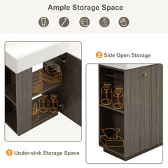 21.6" bathroom vanity with ceramic sink, freestanding modern right door wood grain cabinet with open and closed storage for small bathrooms