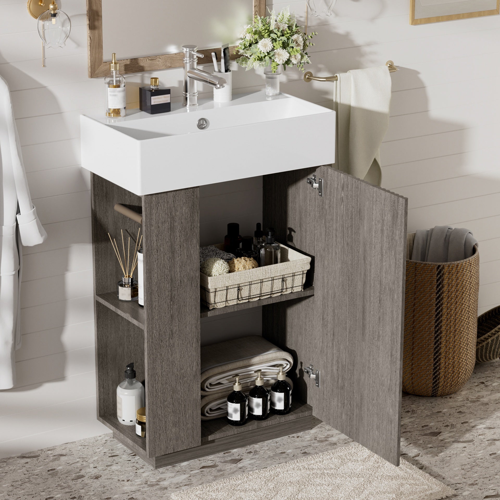 21.6" bathroom vanity with ceramic sink, freestanding modern right door wood grain cabinet with open and closed storage for small bathrooms