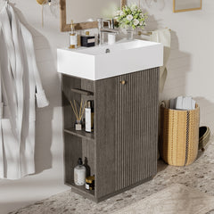 21.6" bathroom vanity with ceramic sink, freestanding modern right door wood grain cabinet with open and closed storage for small bathrooms