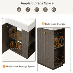 21.6" bathroom vanity with ceramic sink, freestanding modern left door wood grain cabinet with open and closed storage