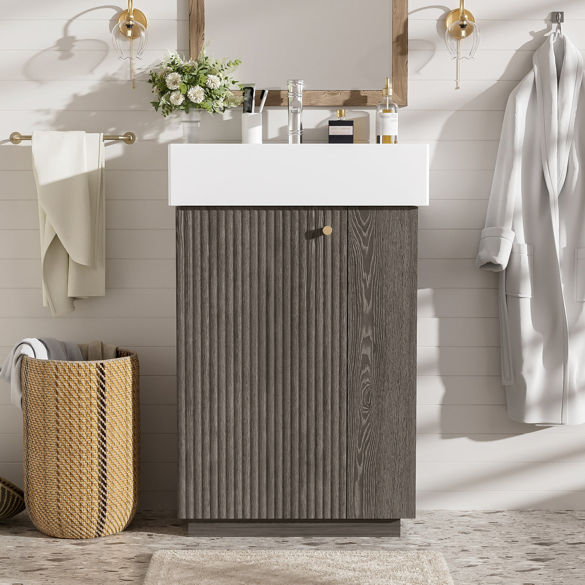 21.6" bathroom vanity with ceramic sink, freestanding modern left door wood grain cabinet with open and closed storage