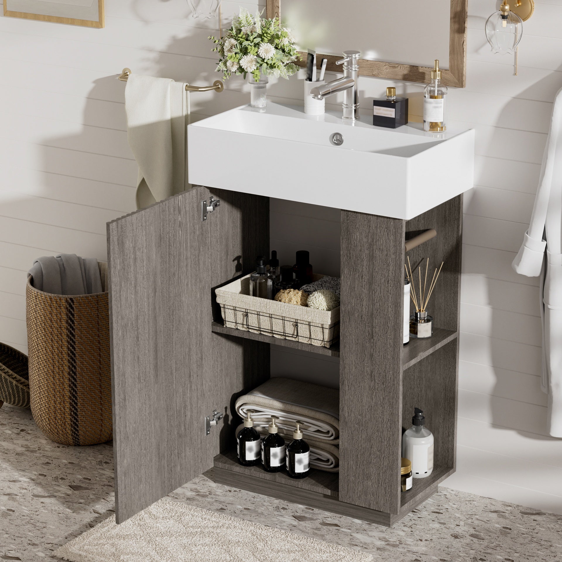 21.6" bathroom vanity with ceramic sink, freestanding modern left door wood grain cabinet with open and closed storage