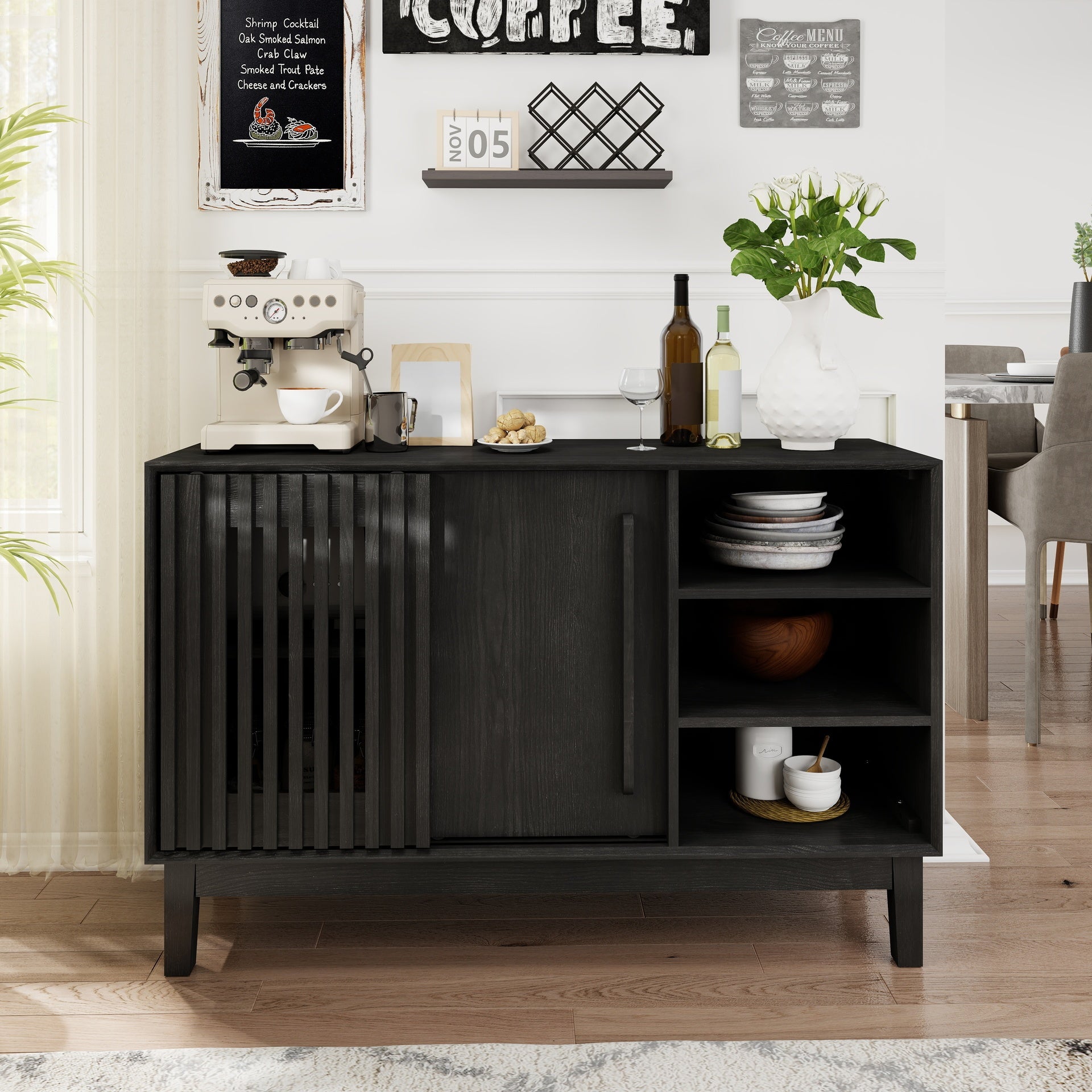 47.3" Sideboard Buffet Cabinet with Storage, Farmhouse Fluted Sideboard with 2 Doors & Solid Wood Feet, TV Media Console, Storage Cabinet for Kitchen Dining Living Room Entryway Hallway, Black