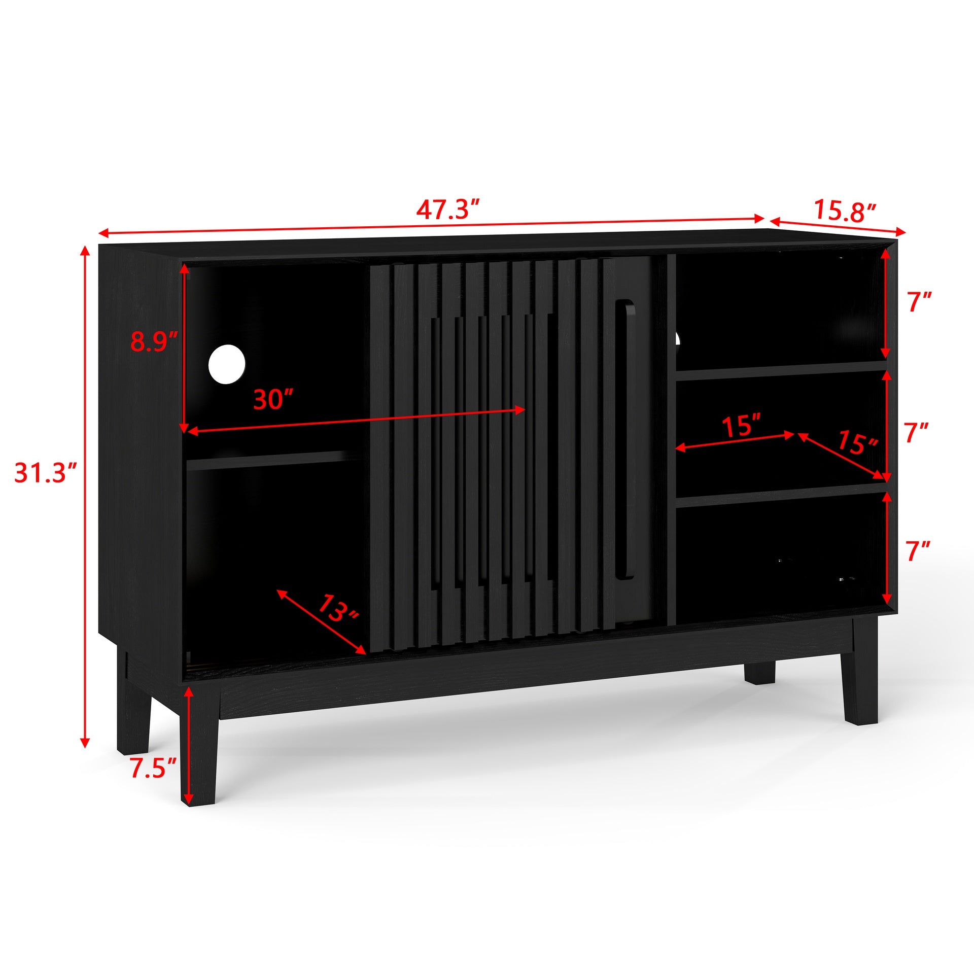 47.3" Sideboard Buffet Cabinet with Storage, Farmhouse Fluted Sideboard with 2 Doors & Solid Wood Feet, TV Media Console, Storage Cabinet for Kitchen Dining Living Room Entryway Hallway, Black