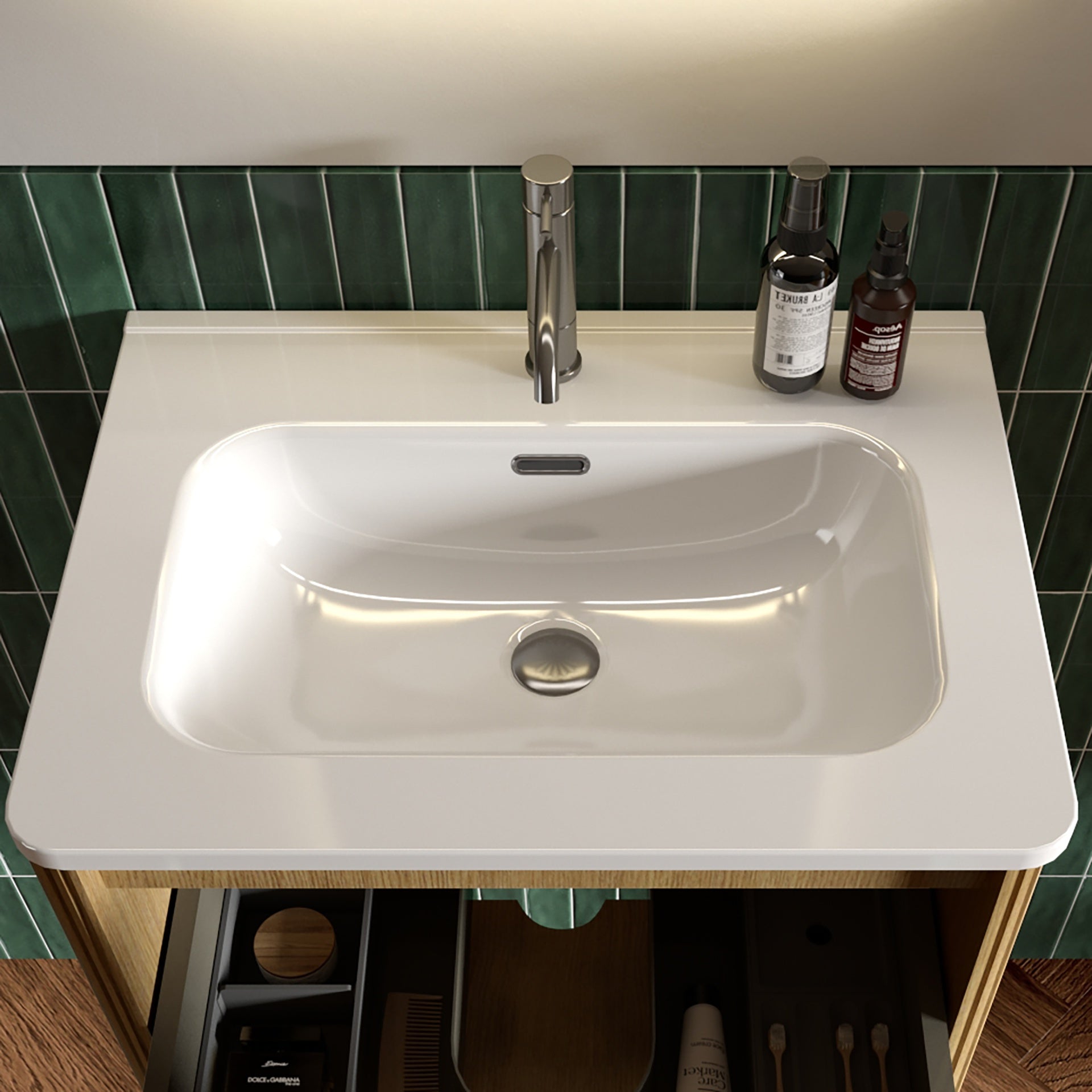 BB0424Y301, Integrated glossy white ceramic basin, drain and faucet not included