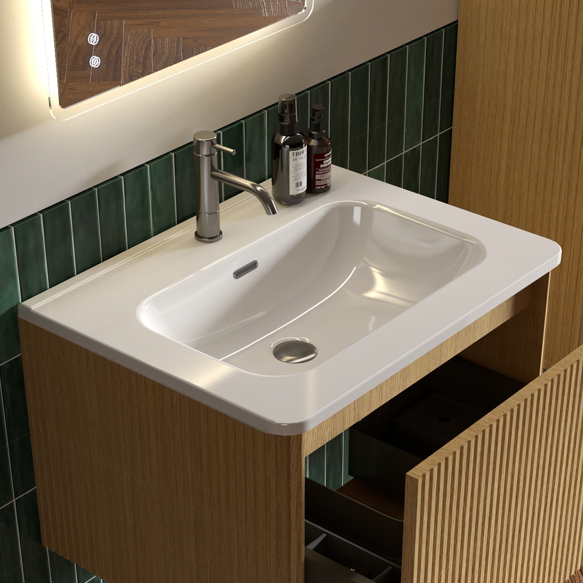 BB0424Y301, Integrated glossy white ceramic basin, drain and faucet not included