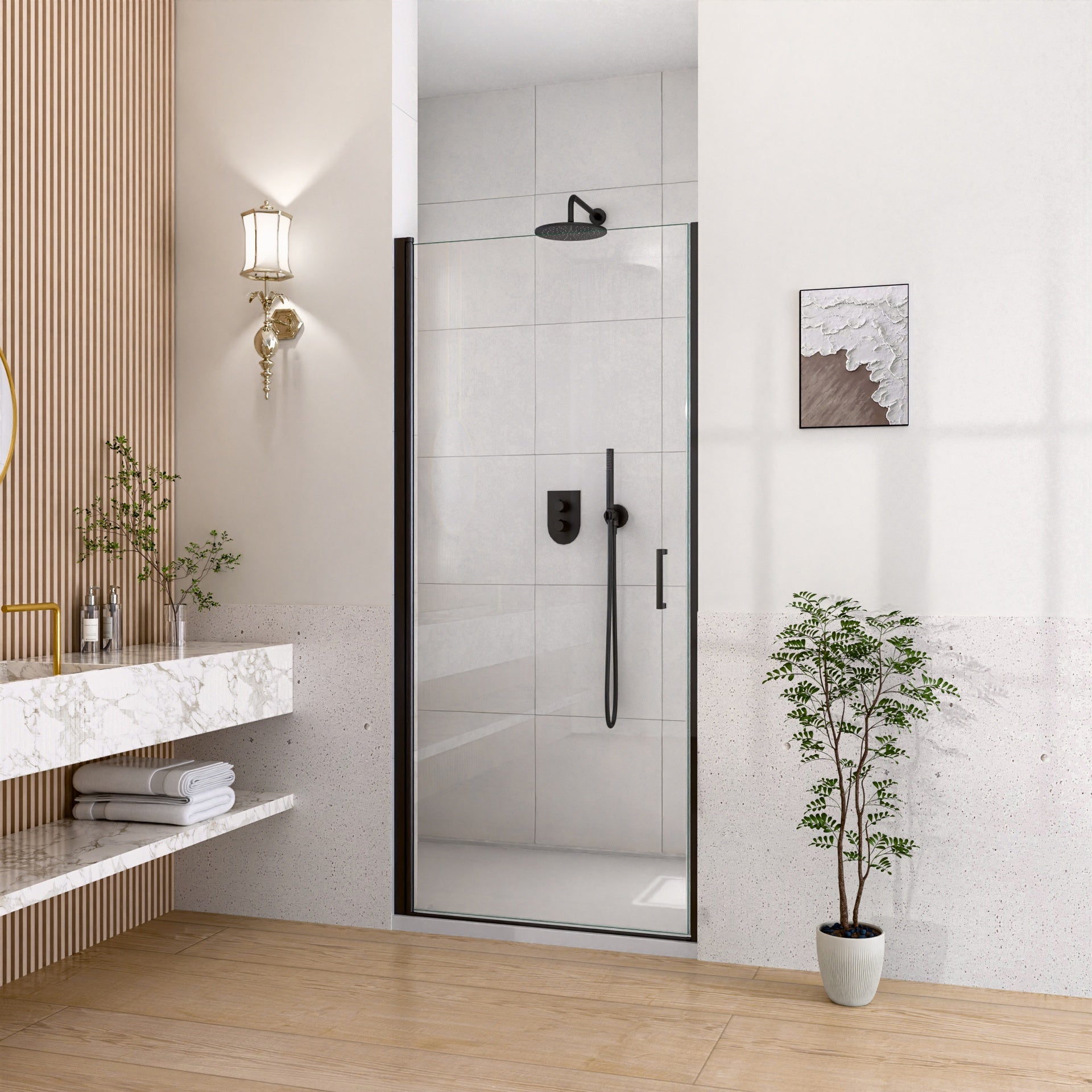 30" W x 72" H Semi-Frameless Circular Pivot Shower Door in Matte Black With 1/4" (6mm) Thick SGCC Tempered Glass