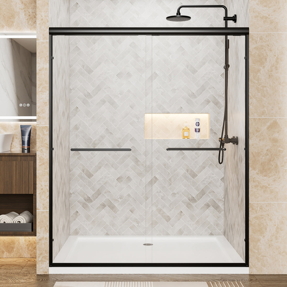 56"-60" W x 72" H Matte Black Aluminum Frame Double Sliding Shower Door, 1/4" (6mm) Clear Tempered Glass With Explosion-proof Film, Dual Stainless Steel Handles
