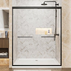 56"-60" W x 72" H Matte Black Aluminum Frame Double Sliding Shower Door, 1/4" (6mm) Clear Tempered Glass With Explosion-proof Film, Dual Stainless Steel Handles