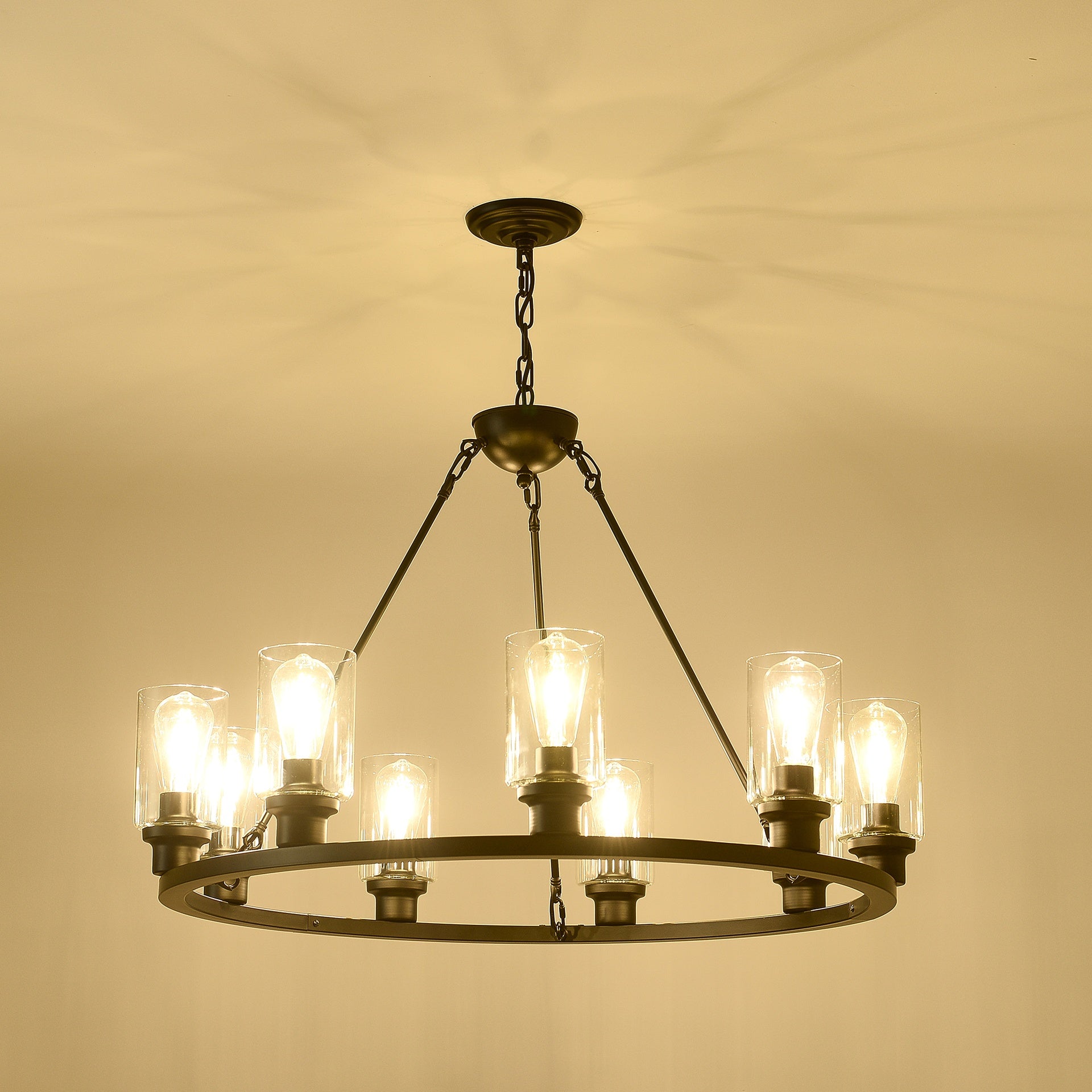 9-Light Black Wagon Wheel Chandelier With Light (No Bulbs) For Living Room Dining Room Kitchen--E26