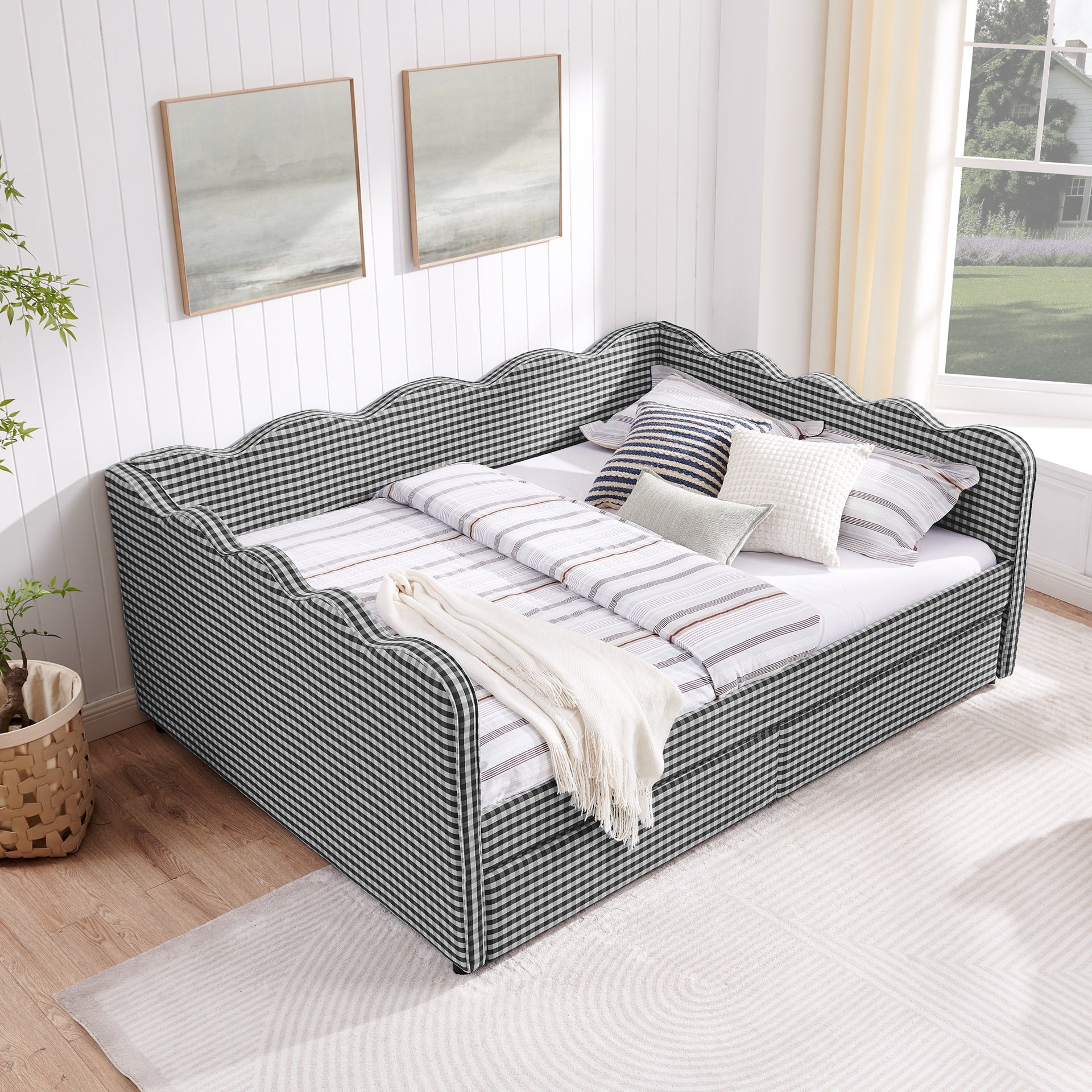 Queen Size Cozy Gingham Daybed with Two Storage Drawers, with USB Port and Adorable Wave Shaped, Linen Fabric