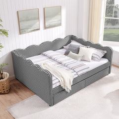 Queen Size Cozy Gingham Daybed with Two Storage Drawers, with USB Port and Adorable Wave Shaped, Linen Fabric