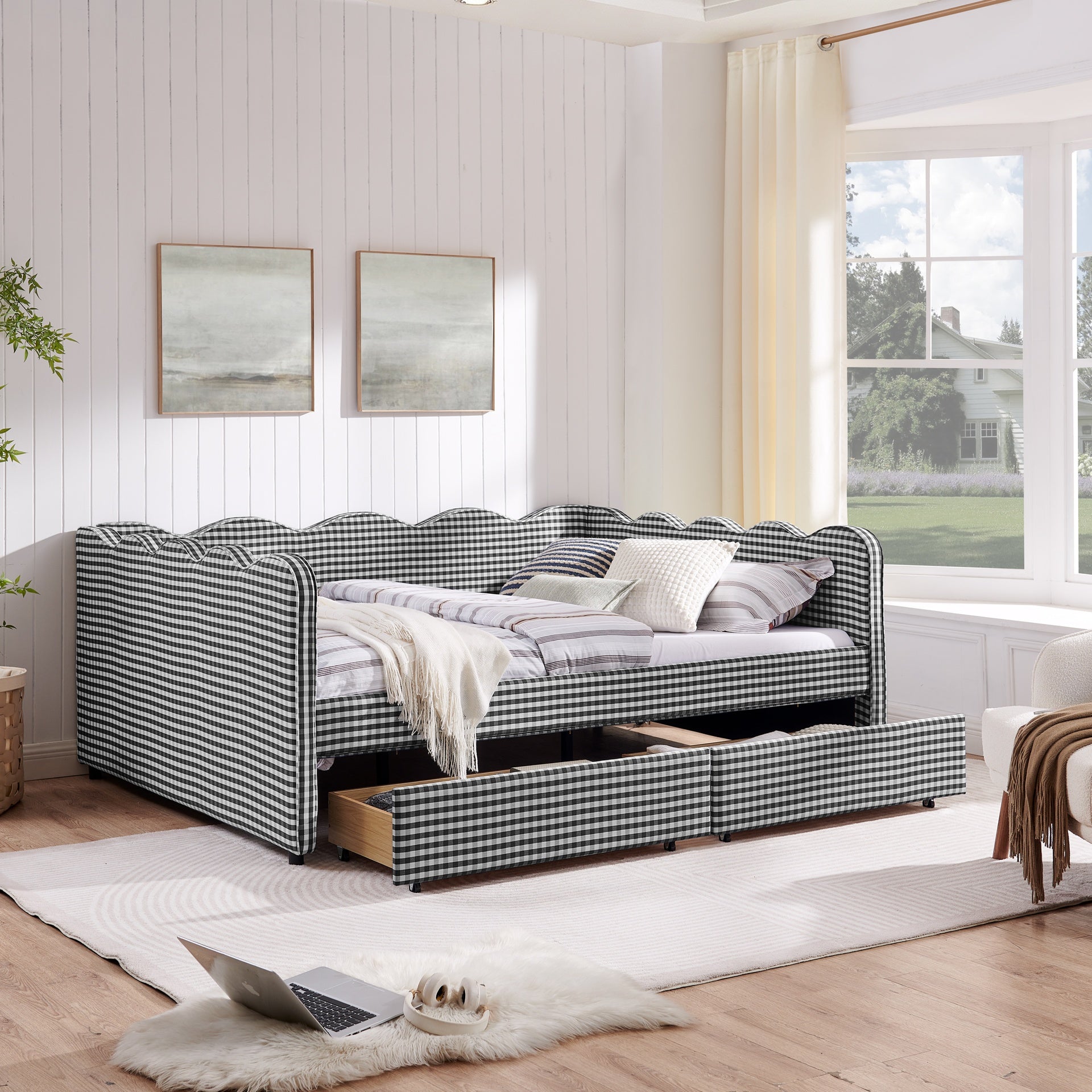 Queen Size Cozy Gingham Daybed with Two Storage Drawers, with USB Port and Adorable Wave Shaped, Linen Fabric