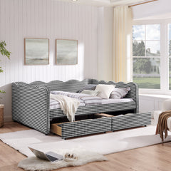 Queen Size Cozy Gingham Daybed with Two Storage Drawers, with USB Port and Adorable Wave Shaped, Linen Fabric