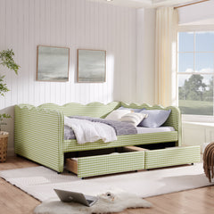 Queen Size Cozy Gingham Daybed with Two Storage Drawers, with USB Port and Adorable Wave Shaped, Linen Fabric