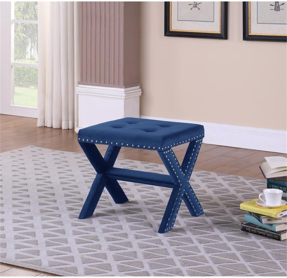 Velvet Upholstered Accent Bench with Nailhead Trim, Tufted Seat Bench for Entryway Living Room, Blue