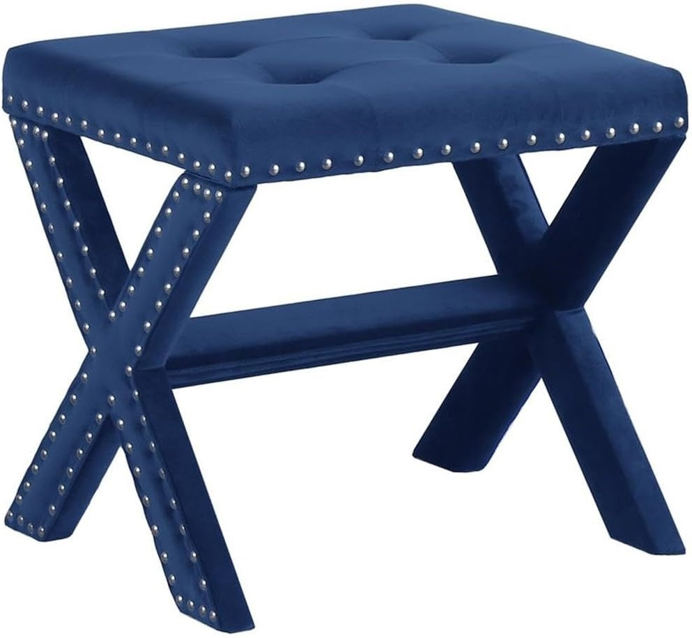 Velvet Upholstered Accent Bench with Nailhead Trim, Tufted Seat Bench for Entryway Living Room, Blue
