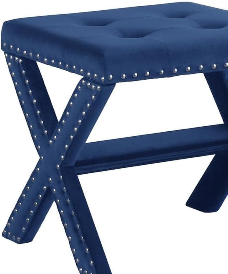 Velvet Upholstered Accent Bench with Nailhead Trim, Tufted Seat Bench for Entryway Living Room, Blue