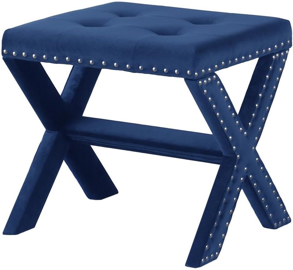Velvet Upholstered Accent Bench with Nailhead Trim, Tufted Seat Bench for Entryway Living Room, Blue