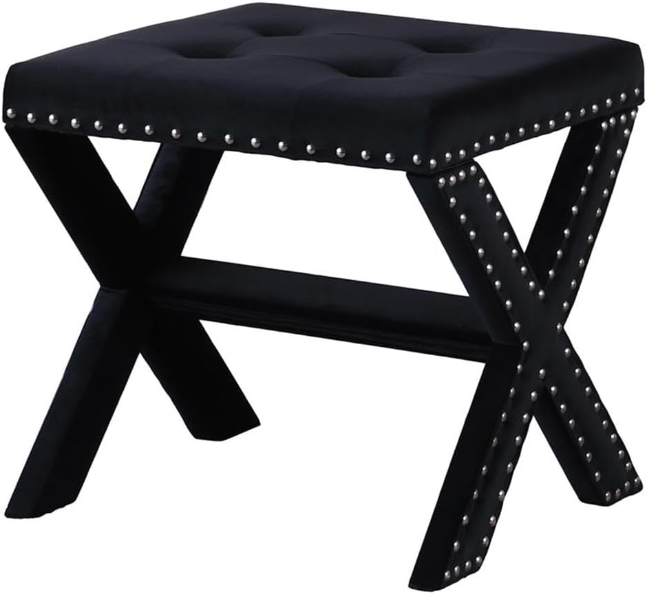 Velvet Upholstered Accent Bench with Nailhead Trim, Tufted Seat Bench for Entryway Living Room, Black