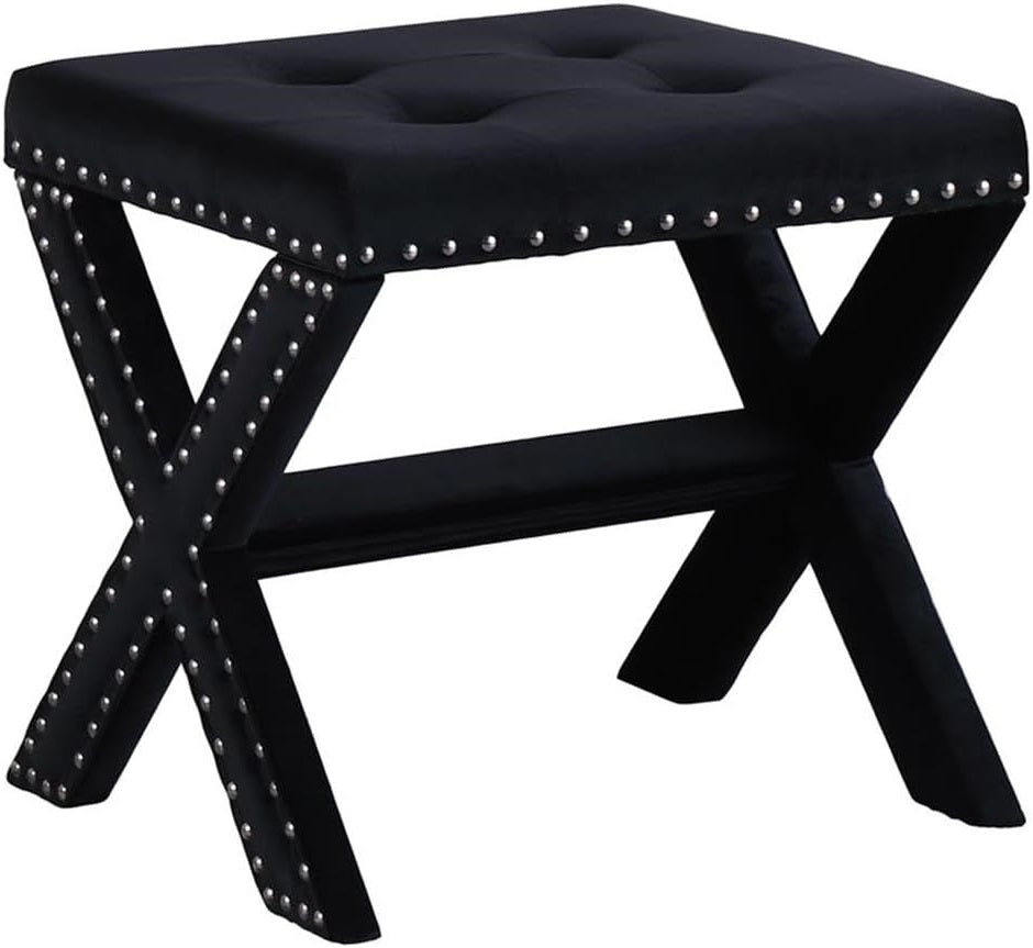 Velvet Upholstered Accent Bench with Nailhead Trim, Tufted Seat Bench for Entryway Living Room, Black