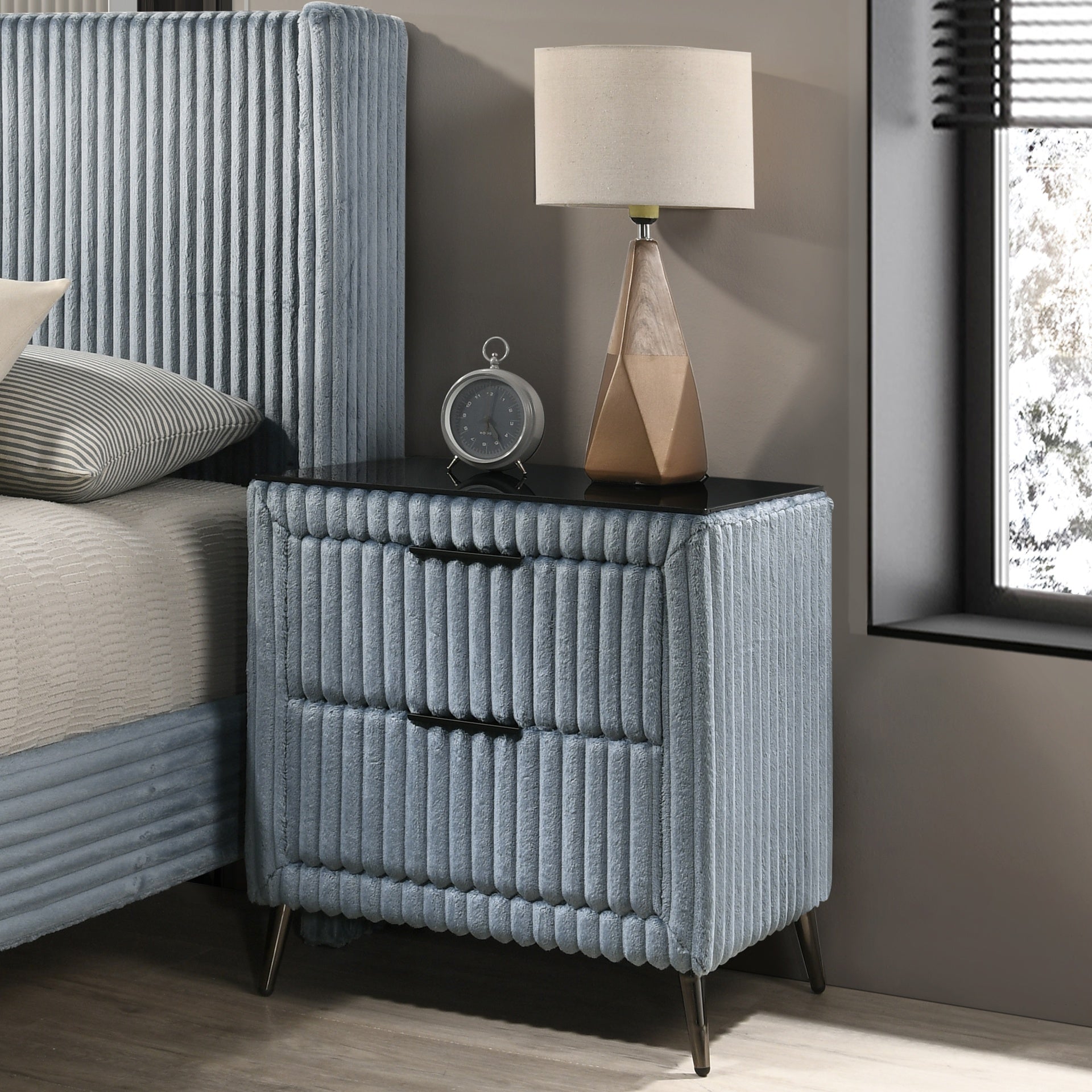 Mavela Wide Wale Corduroy Upholstery Nightstand, Blue