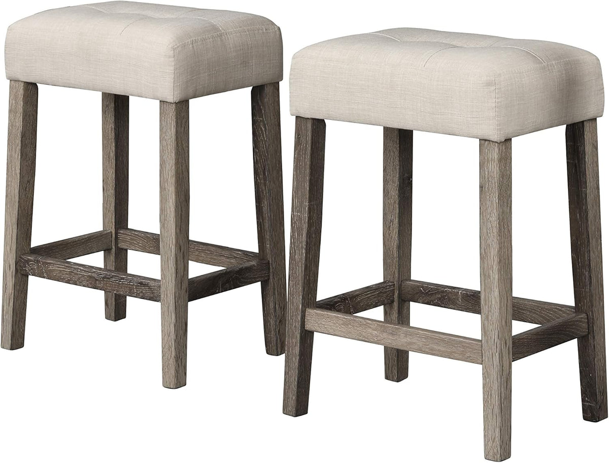 Transitional 24" Wood Counter Stool Set of 2, Backless Counter Seating with Upholstered Linen Fabric Cushion, Kitchen/Dining Room Furniture, Antique Oak