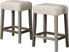 Transitional 24" Wood Counter Stool Set of 2, Backless Counter Seating with Upholstered Linen Fabric Cushion, Kitchen/Dining Room Furniture, Antique Oak