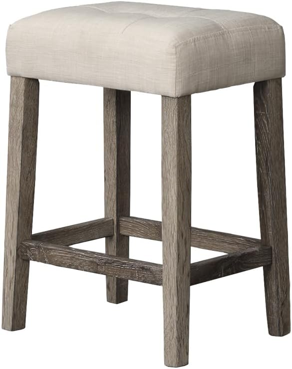 Transitional 24" Wood Counter Stool Set of 2, Backless Counter Seating with Upholstered Linen Fabric Cushion, Kitchen/Dining Room Furniture, Antique Oak
