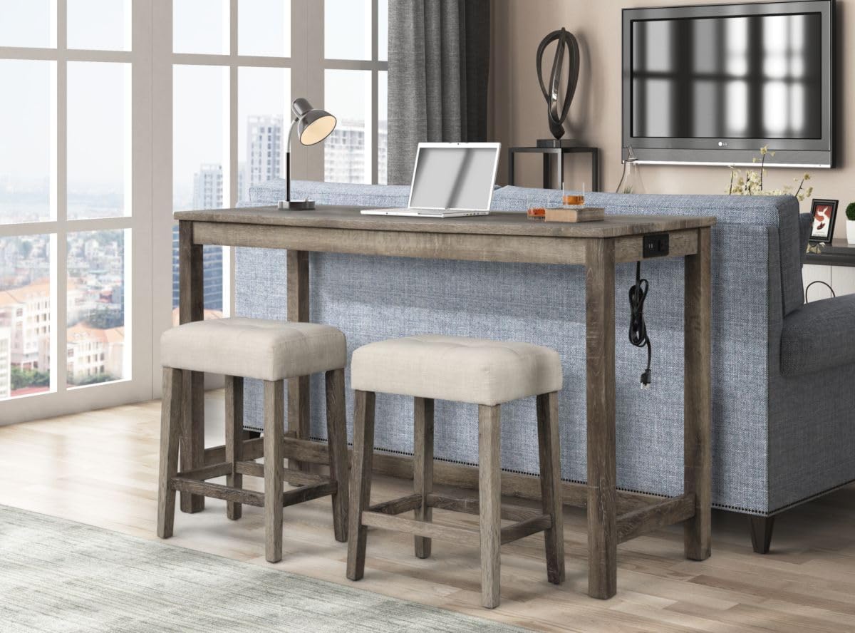 Transitional 24" Wood Counter Stool Set of 2, Backless Counter Seating with Upholstered Linen Fabric Cushion, Kitchen/Dining Room Furniture, Antique Oak