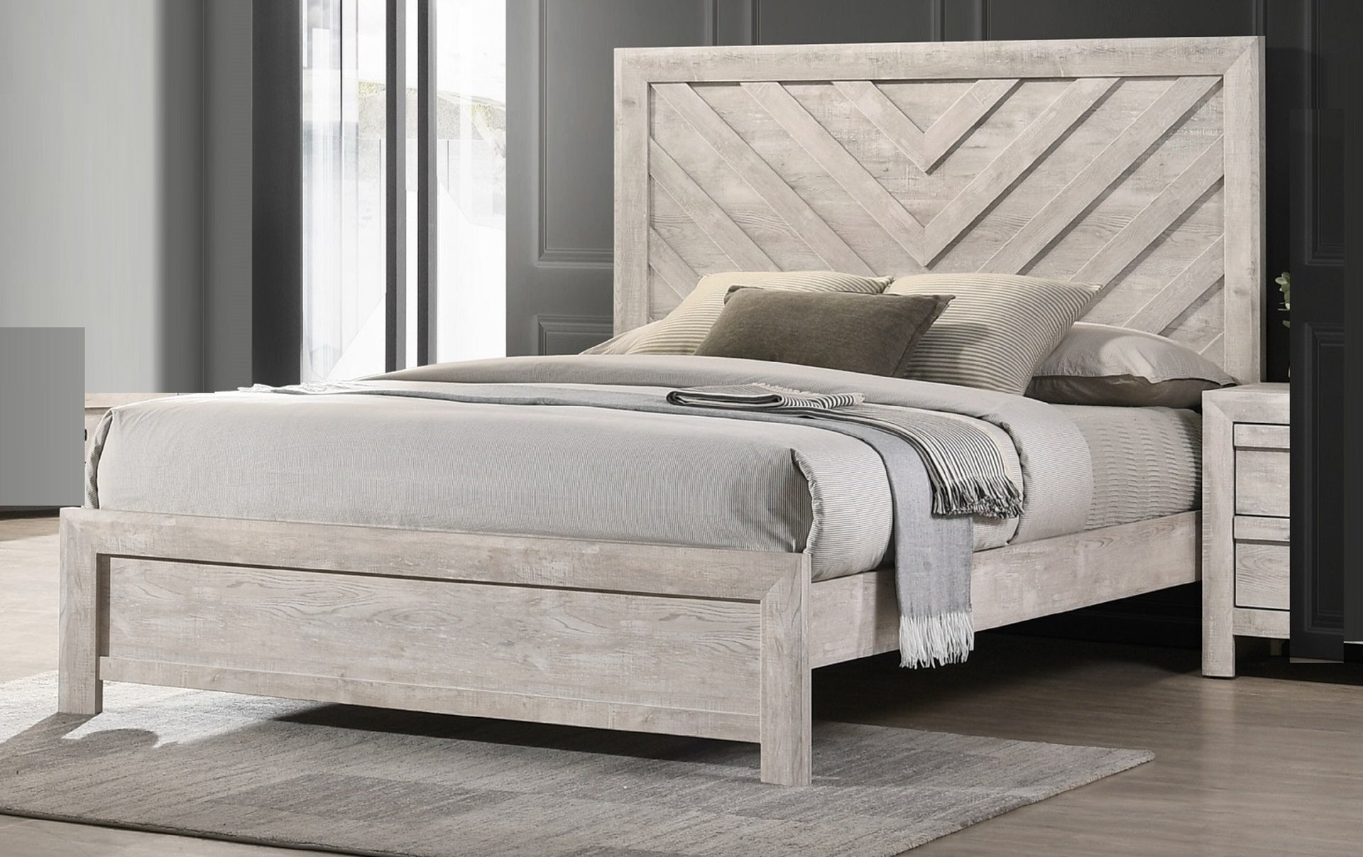 1pc King Size Bed Rustic Beige Gray Finish Wooden Bedroom Furniture Geometric Design Chevron Pattern