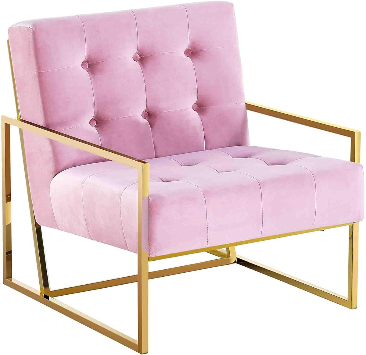 Living Room Accent Chair with Gold Metal Frame, 1Pc Velvet Tufted Armchair, Pink