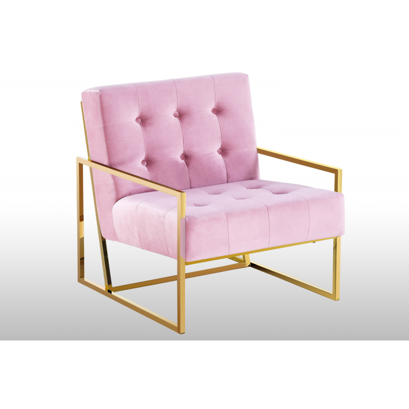 Living Room Accent Chair with Gold Metal Frame, 1Pc Velvet Tufted Armchair, Pink
