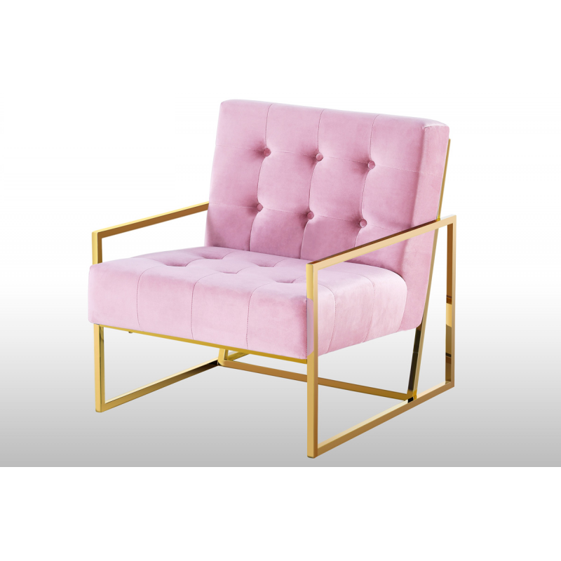 Living Room Accent Chair with Gold Metal Frame, 1Pc Velvet Tufted Armchair, Pink