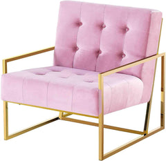 Living Room Accent Chair with Gold Metal Frame, 1Pc Velvet Tufted Armchair, Pink
