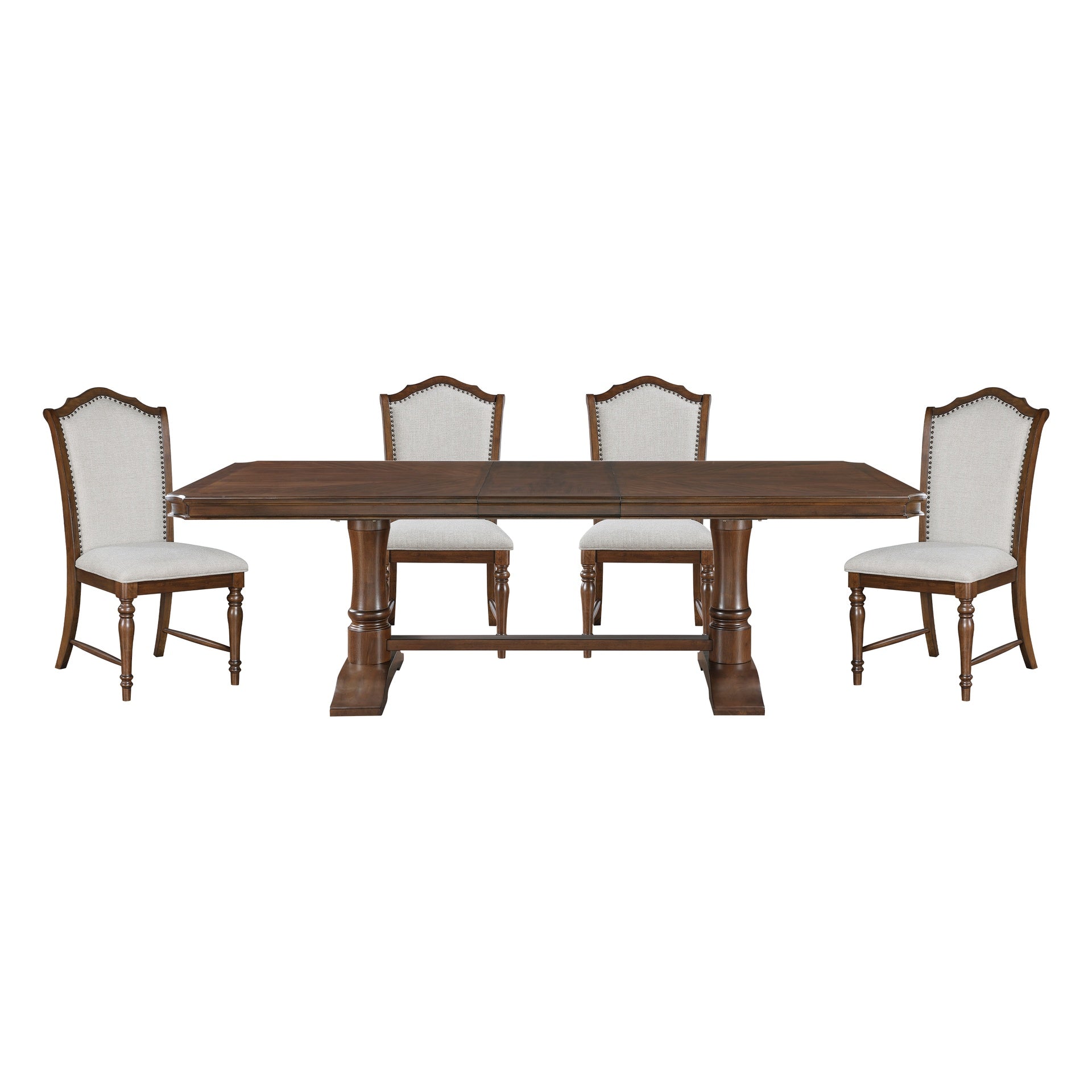 Formal Traditional Dining Set 5pc Table with Extension Leaf and 4 Side Chairs Cherry Finish Fabric Upholstery Nailhead Trim Wooden Furniture