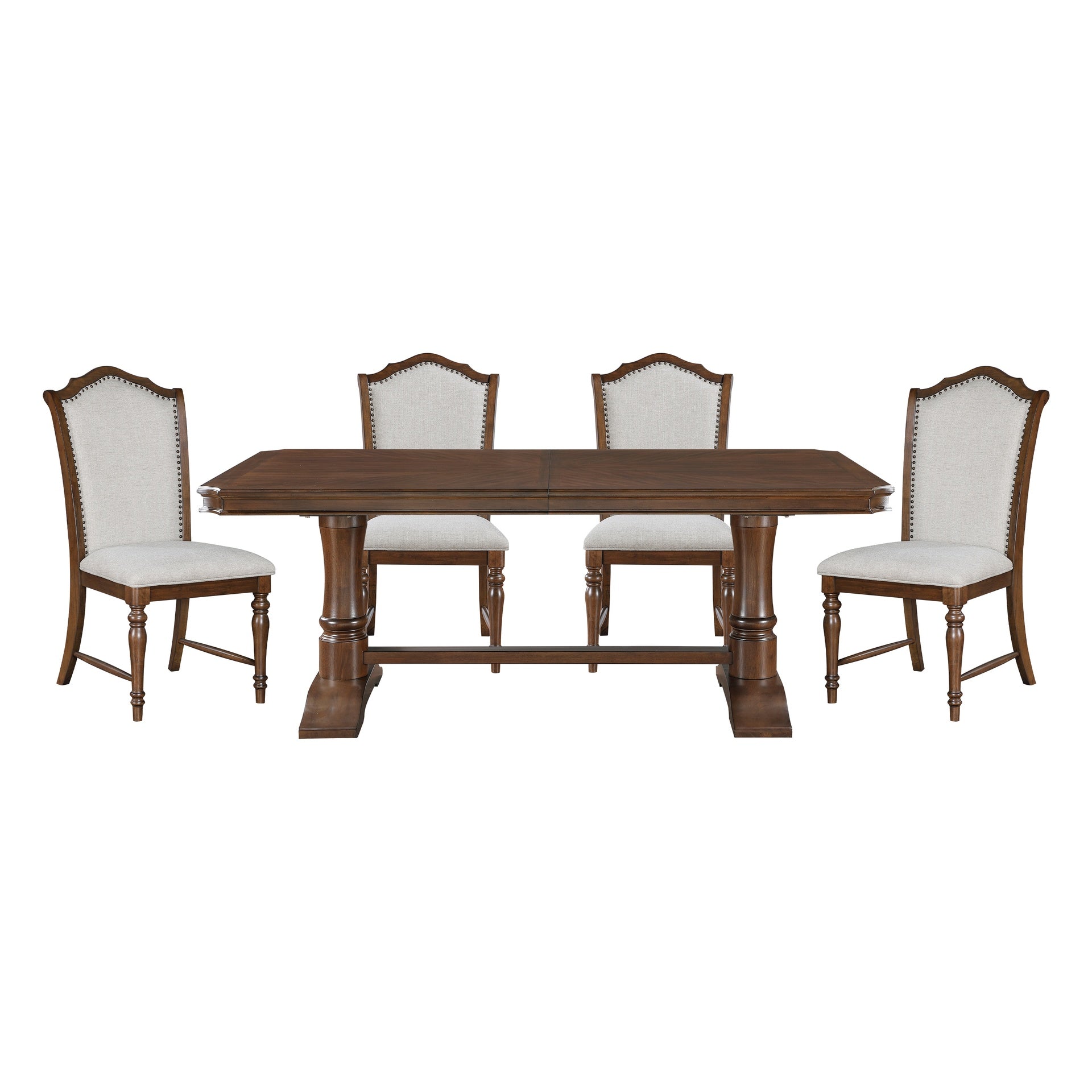 Formal Traditional Dining Set 5pc Table with Extension Leaf and 4 Side Chairs Cherry Finish Fabric Upholstery Nailhead Trim Wooden Furniture