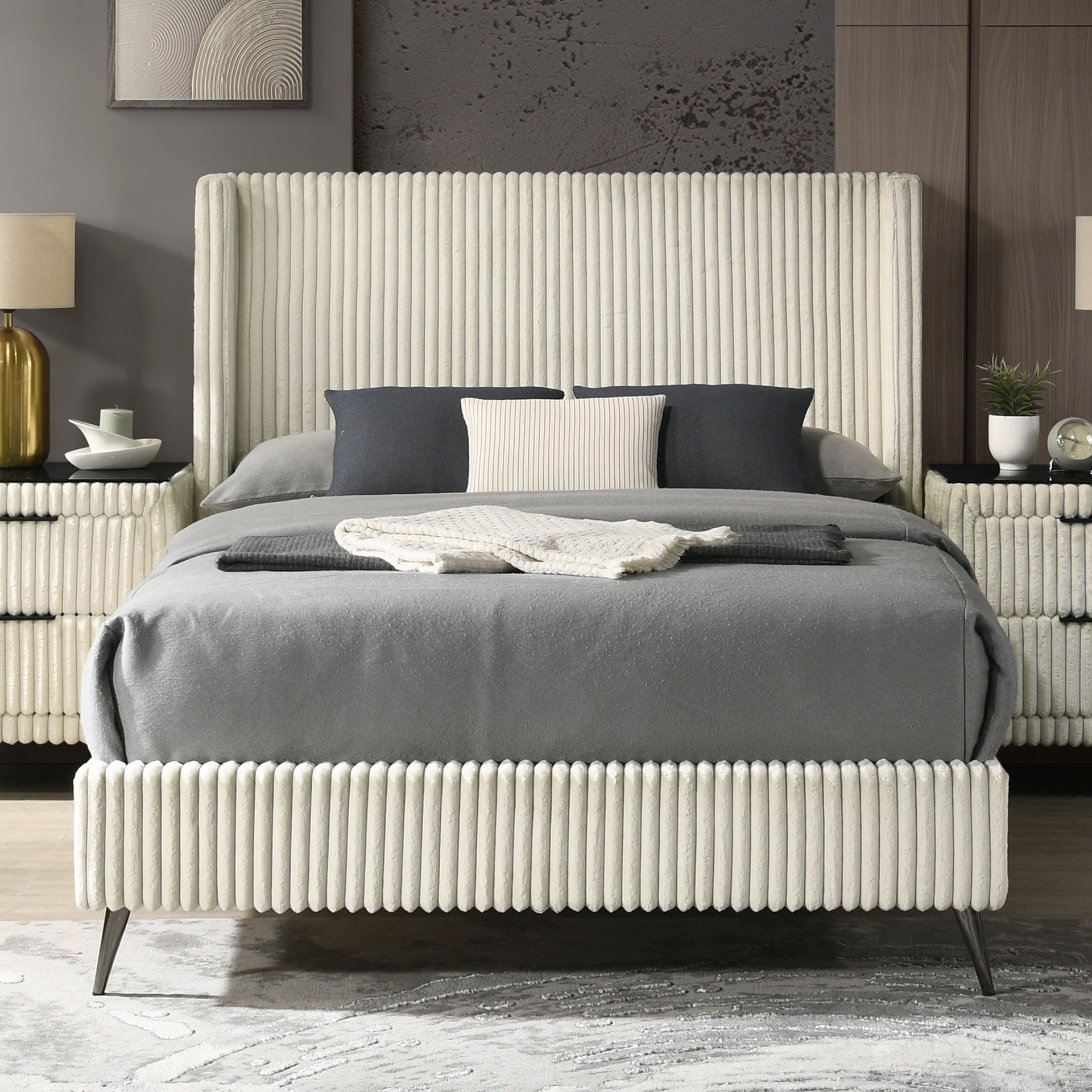 Mavela Wide Wale Corduroy Upholstery Panel Queen Bed, Cream