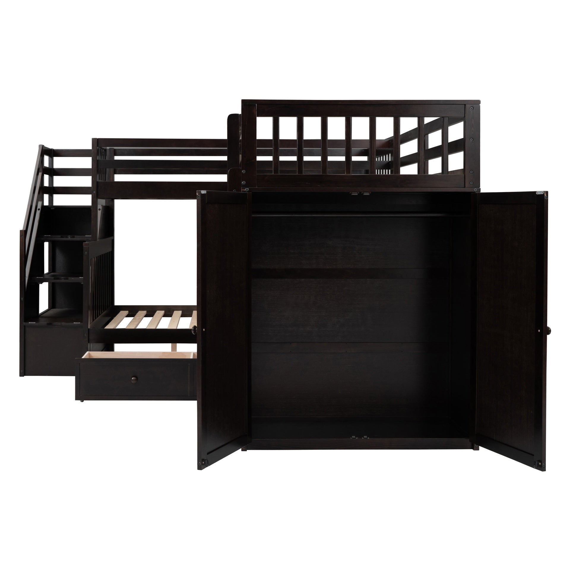 Twin-Twin over Full L-Shaped Bunk Bed With 3 Drawers, Portable Desk and Wardrobe, Espresso(OLD SKU:LT100542AAP)