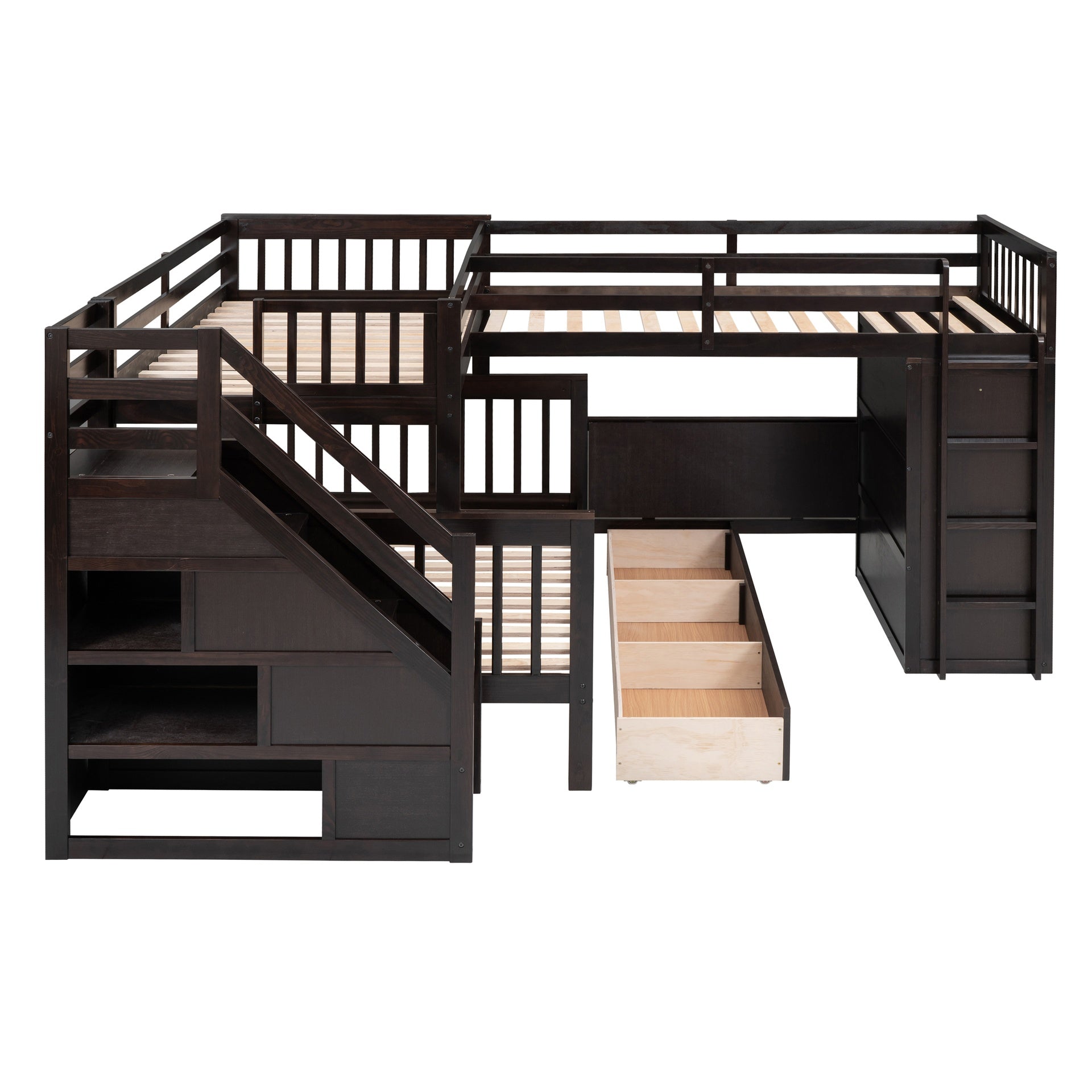 Twin-Twin over Full L-Shaped Bunk Bed With 3 Drawers, Portable Desk and Wardrobe, Espresso(OLD SKU:LT100542AAP)