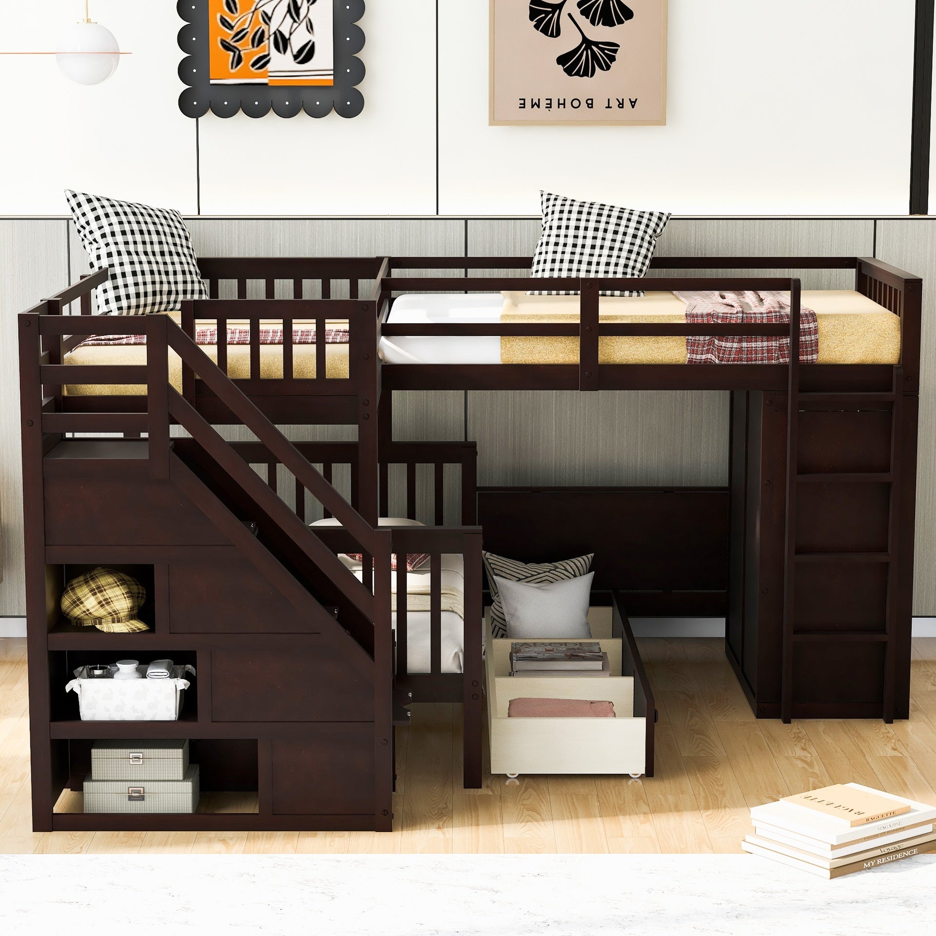 Twin-Twin over Full L-Shaped Bunk Bed With 3 Drawers, Portable Desk and Wardrobe, Espresso(OLD SKU:LT100542AAP)