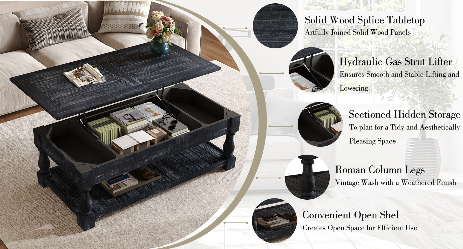 Farmhouse Lift Top Coffee Table with Fixed Shelf - 3 Hidden Storage Trays, Handsomely Crafted in Weathered Black Finish, Versatile Two-Tier Living Room Table